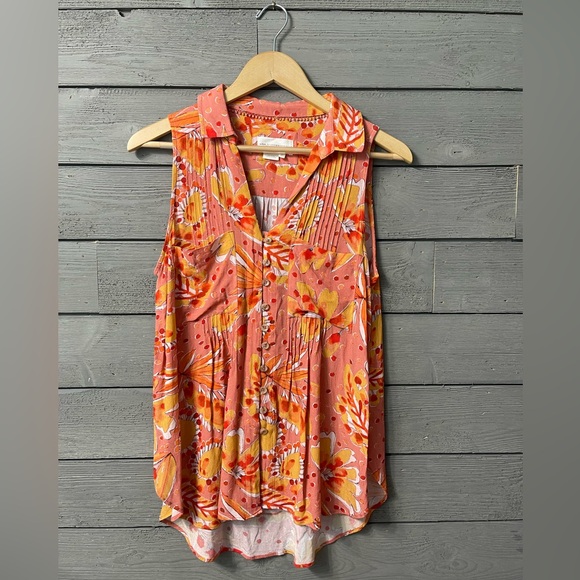 Vera for Anthropologie Floral Sleeveless Button Up Blouse Top Sz Medium - Picture 2 of 9